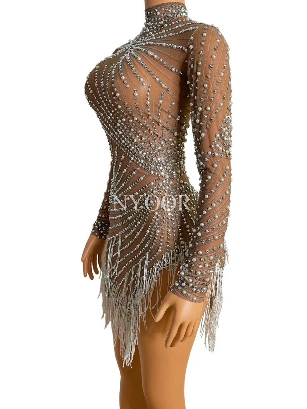 Shining Pearl Rhinestones Transparent Fringes Mini Dress Birthday Celebrate Dress Evening Prom Outfit Women Bar Nightclub Outfit
