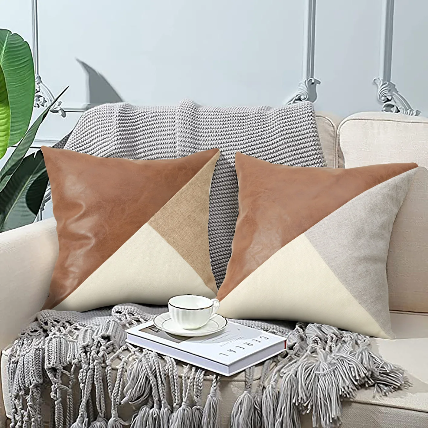 Sofa Cushion Cover Car Pillowcase European and American Style Leather Stitching Embrace Pillowcase Room Decoration 45x45cm