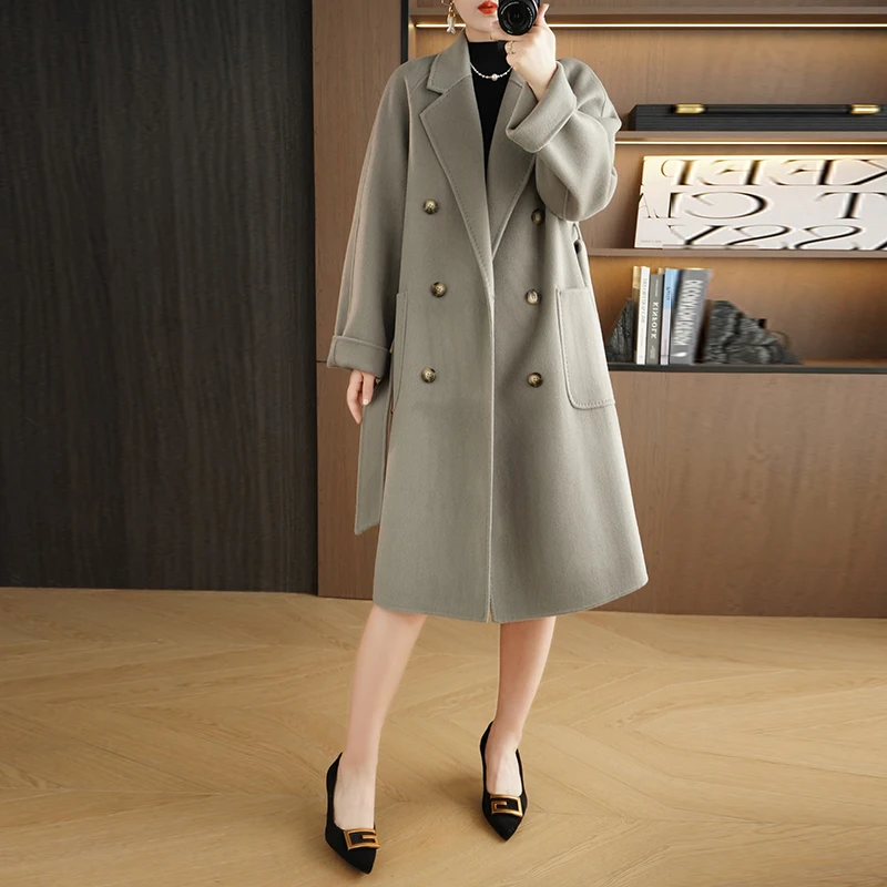 Autumn and Winter New 100% All Wool Double Sided Wool Coat Women's Mid Length Suit Collar Loose Belt Waist Wrapped Wool Coat