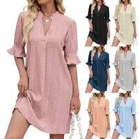 Women Casual Loose Midi Dress Summer Solid Color Jacquard Half Sleeve Dresses Fashion Plus Size V Neck Pullover Dresses 2025 New