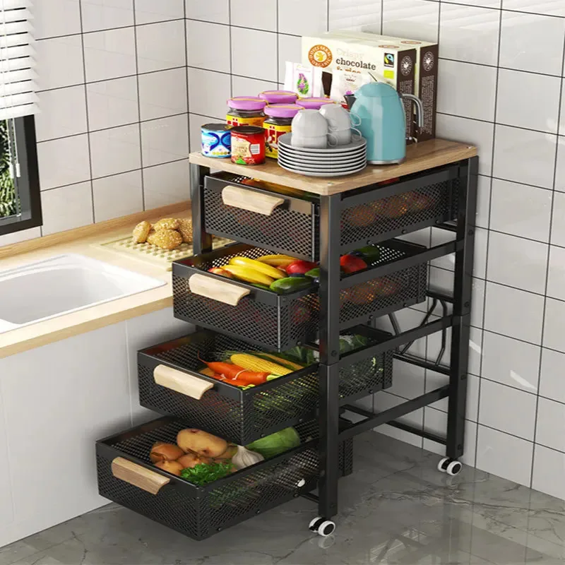 Fruits Vegetables Storage Cart Multifunctional Storage Cabinet Floor Narrow Seam Baskets Pull-out Type Kitchen Furniture