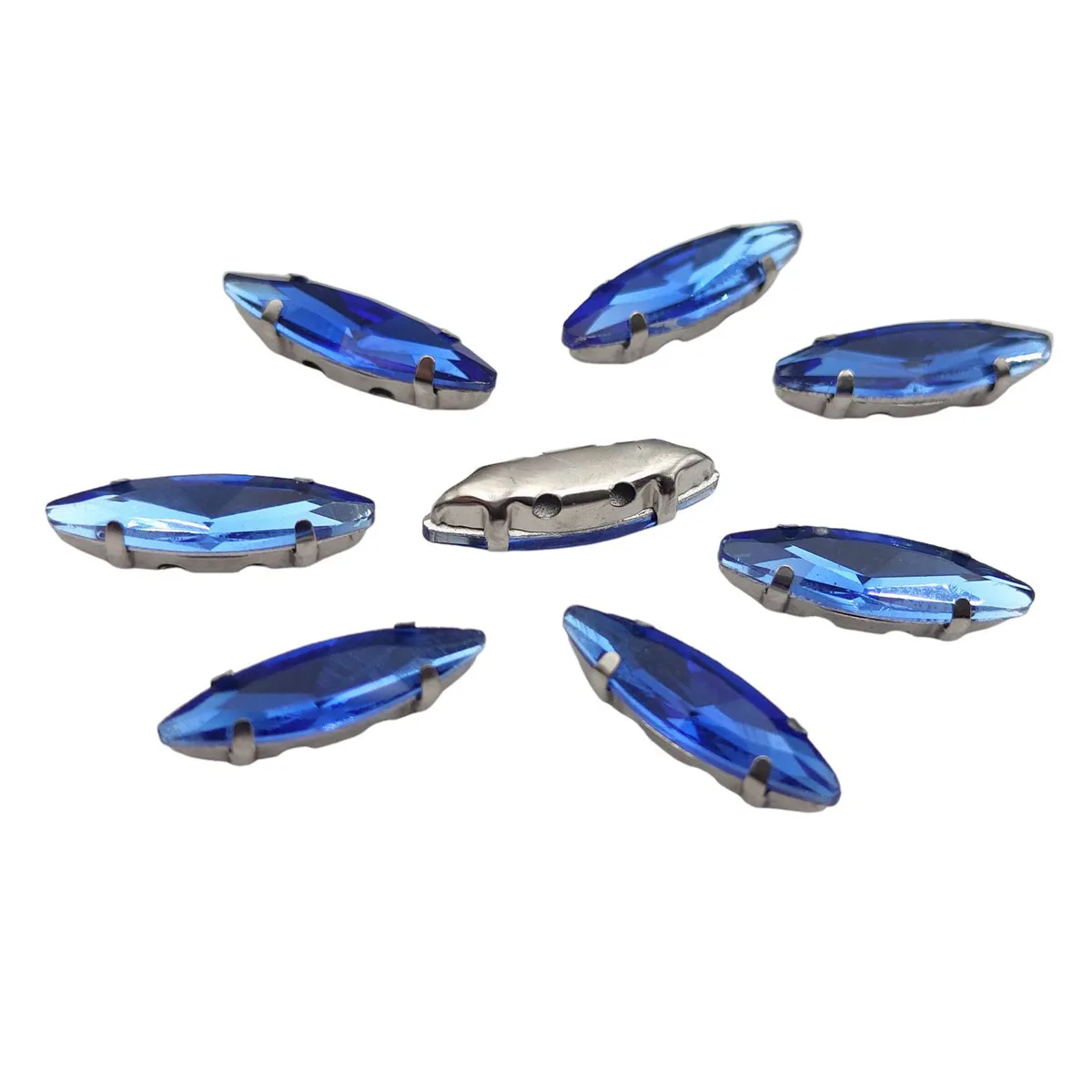 Pack of 20 Glass Sew-On Rhinestones with Claw Setting - Horse Eye Shape on Silver Metal Base