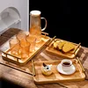 Wooden Tray with Golden Metal Handle for Water Cup Fruit Food Bread Sundries Serving Tray Household Organizer 1