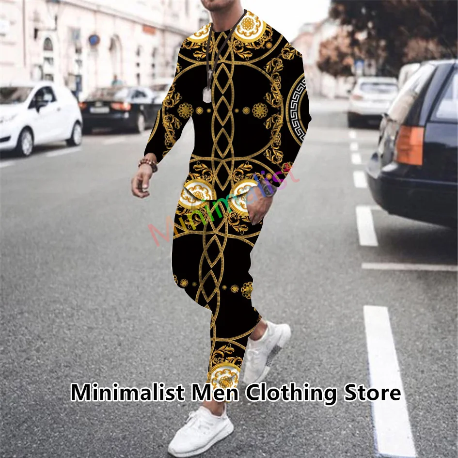 2023 New Men's 2 Piece Set Trousers Tracksuit Luxury Golden Printed Joggers Suit Long Sleeve T Shirt+Pants Casual Sport Clothes