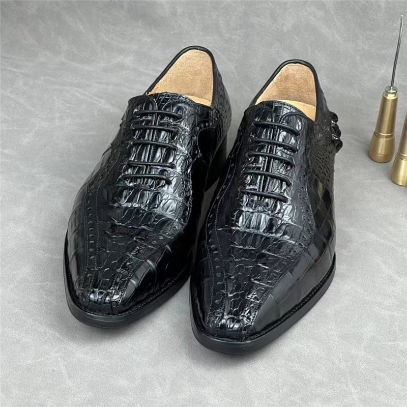 Chaussures Oxford à lacets en peau de Crocodile authentique pour homme, chaussures de styliste à