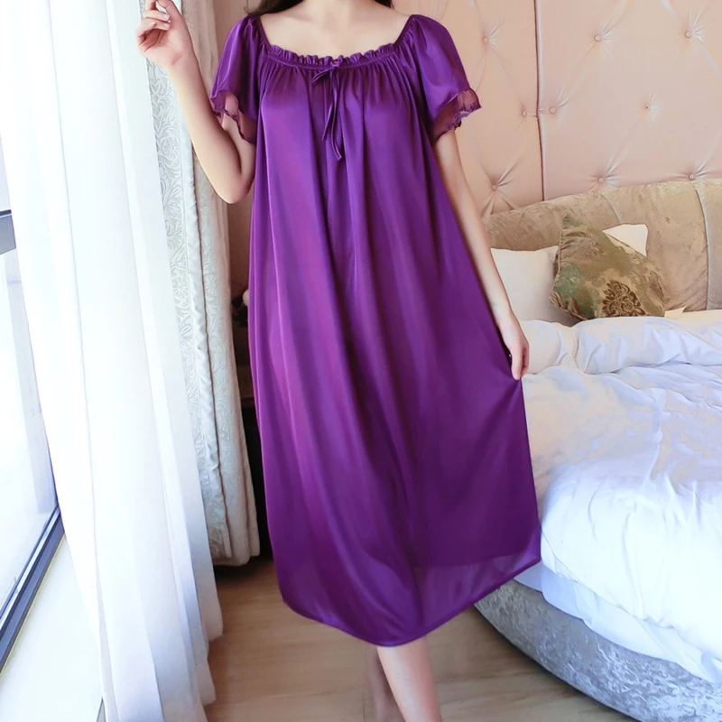 Women Night Gowns Sleepwear Lace Patchwork Nightwear Long Sleeping Dress Casual Ladies Home Dressing