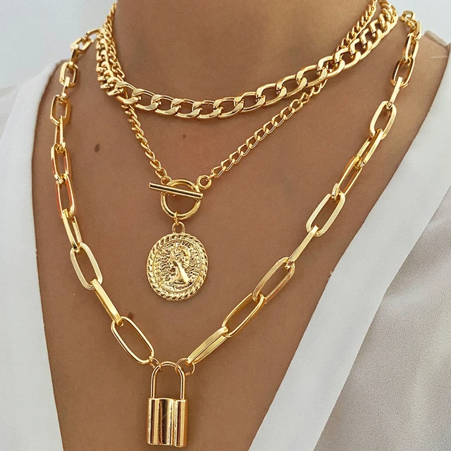 Gold Lock and Key Fob Necklace, Gold LV Lock and Key Vintage Round Ball Cable Chain Add on Lock/Key