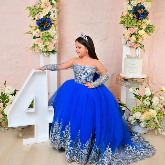 Customized Royal Blue Princess Flower Girl Dress for Wedding Lace Appliques Full Sleeve Baby Birthday Dress First Communion Gown 1