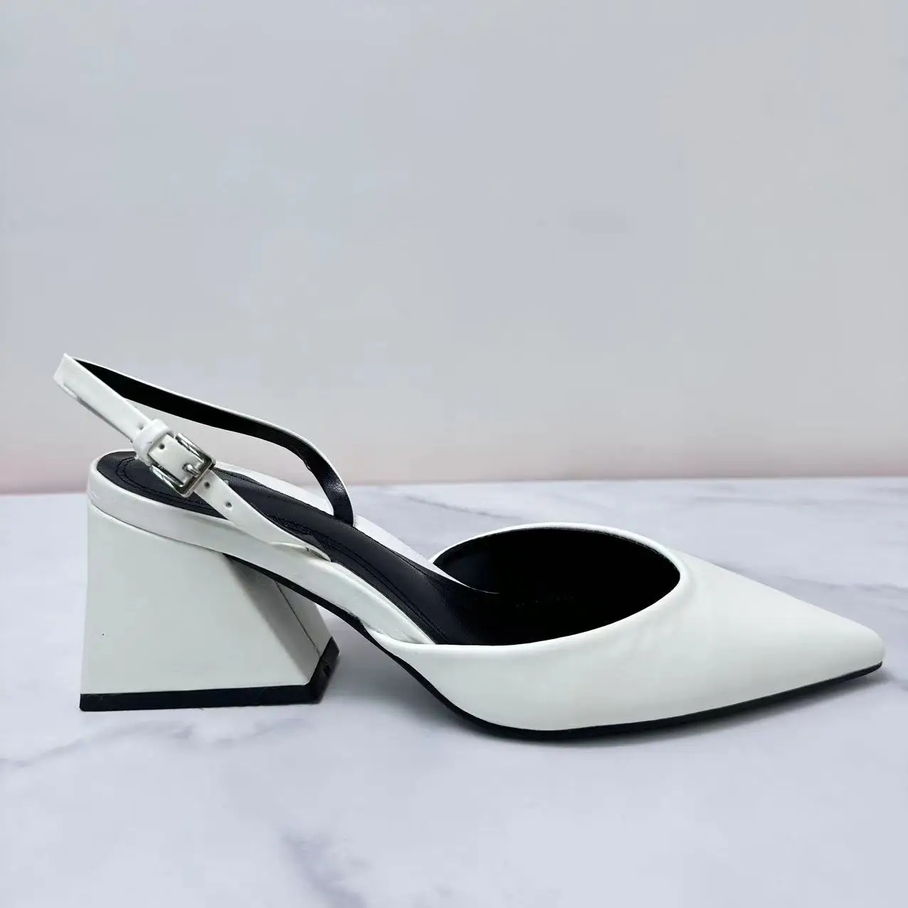 

New Women's Shoes in the Spring of 2024, White Working Leather, Thick Heel, Strapless High-heeled Sandals With Pointed Heels.