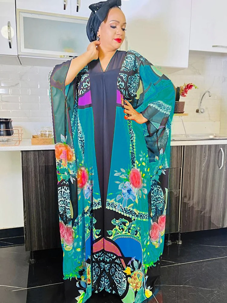 African Dashiki Print Chiffon Dresses Dubai Turkey Women Kaftan