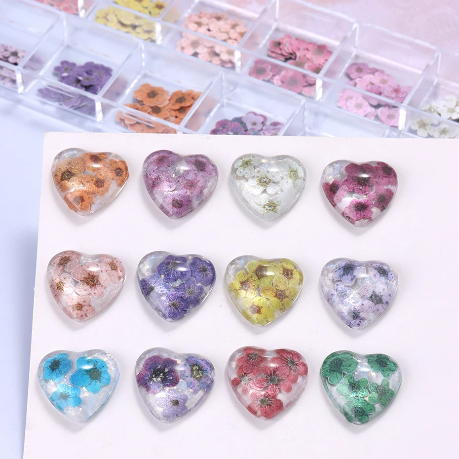 12 Grids 3D Colorful Flower Ultra-thin Resin Filling Wood Pulp Slice Small Daisy Nail Decals DIY Manicure Decoration Accessories