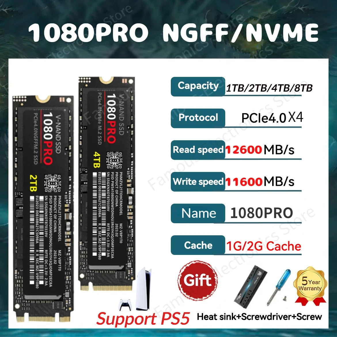 

1080PRO NGFF/ Nvme SSD M2 13000MB/s PCIe 4.0 1TB 2TB 4TB Hard Drive Internal Solid State Drive for PS5 PlayStation 5 Desktop PC