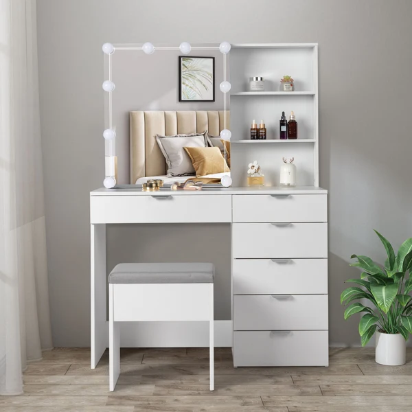 

Dressing Table Vanity with Lighted Mirror Makeup Stool Desk with Mirror Storage Power Outlet and Drawers Color Lighting Modes
