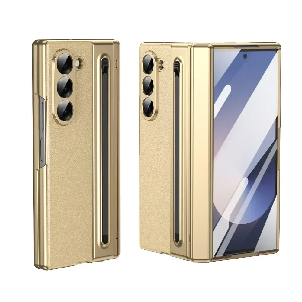 Luxury Leather and Steel Film Pen Phone Case with Screen Hinge Protection