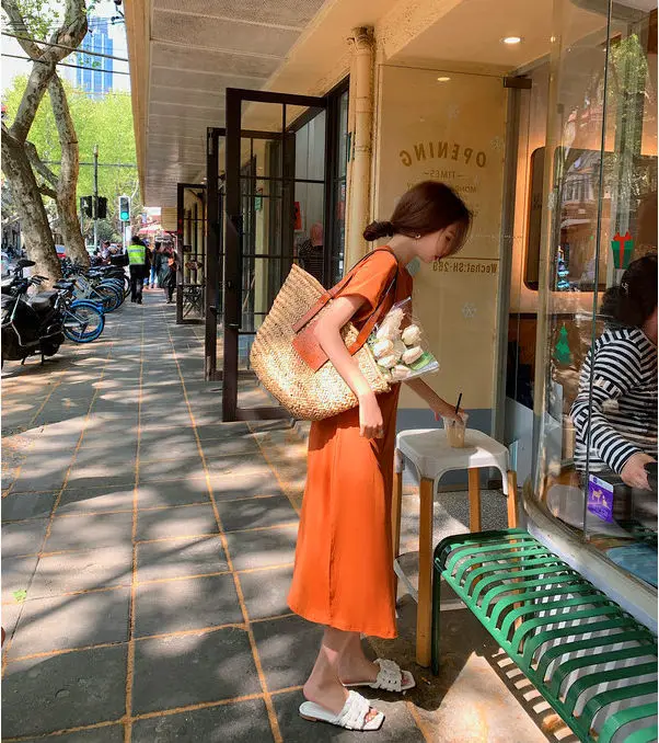 Casual Backless T Shirt Dress Summer New Round Neck Short Sleeve Solid Color Loose Midi Dress Fashion Trend Women Clothing