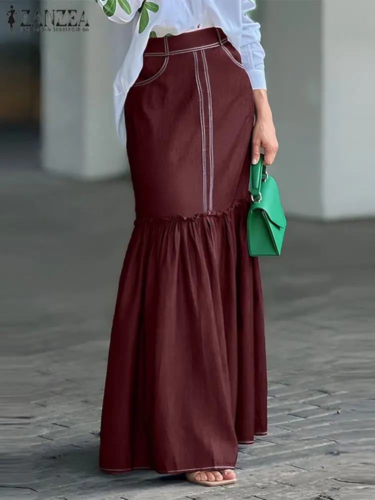 

Осенняя плиссированная юбка ZANZEA 2023 с карманами, женская модная длинная юбка с завышенной талией, винтажные джинсовые юбки-годе, юбки макси с запахом на бедрах