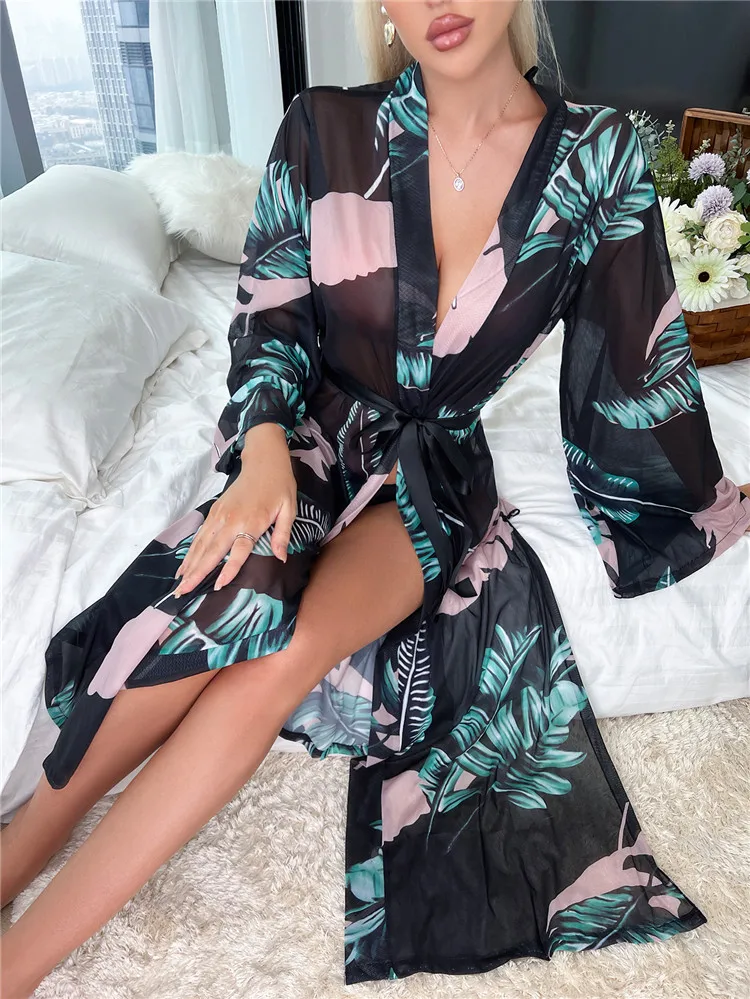 Summer Autumn Women's Bathrobe Print Belted Bridesmaid Robe Open Side Long Night Gown Mesh Nightie women sleepwear bride robes cotton bathrobe