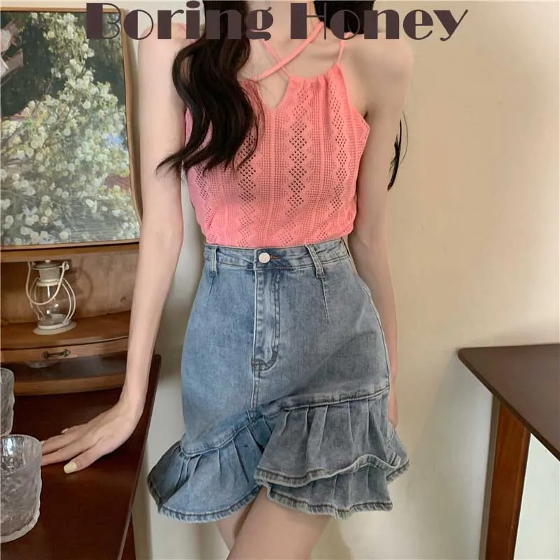 

Boring Honey Crop Top Women Sexy Halter Hollow Out Knitting Summer Clothes For Women Slim Basic Shirt All-Match Sleeveless Tops