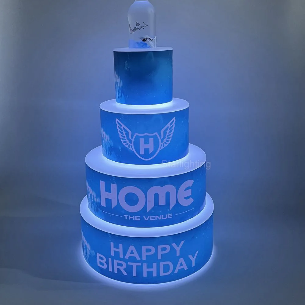 

OEM Custom Logo 4 Layer Acrylic Happy Birthday Cake Champagne Wine Display Stand Glow LED Bottle Presenter for Nightclub Party