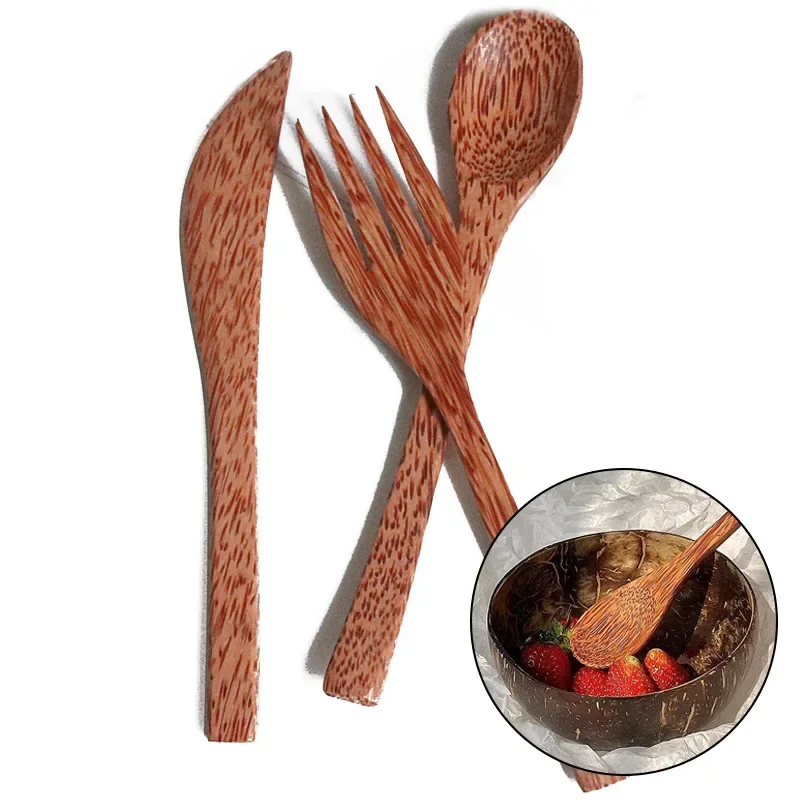 Natural Coconut Wooden Handmade Spoon Fork Knife Eating Dessert Fruit Salad Mixing Wooden Handmade Coconut Tableware Cutlery Set Picnic Cutlery Set Picnic Tableware Wooden Cutlery Set