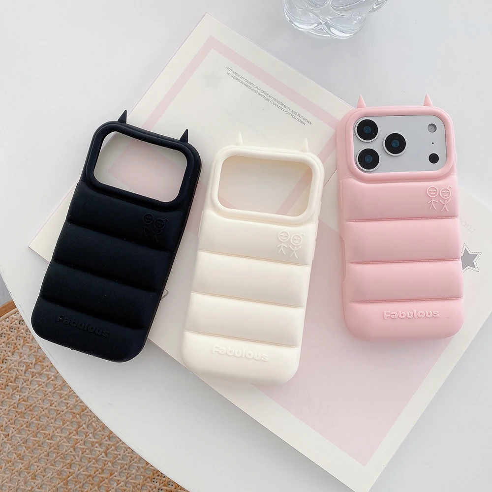 Chic 3D Devil Horns Down Jacket Phone Case - Cute Shockproof Soft Silicone Back Cover
