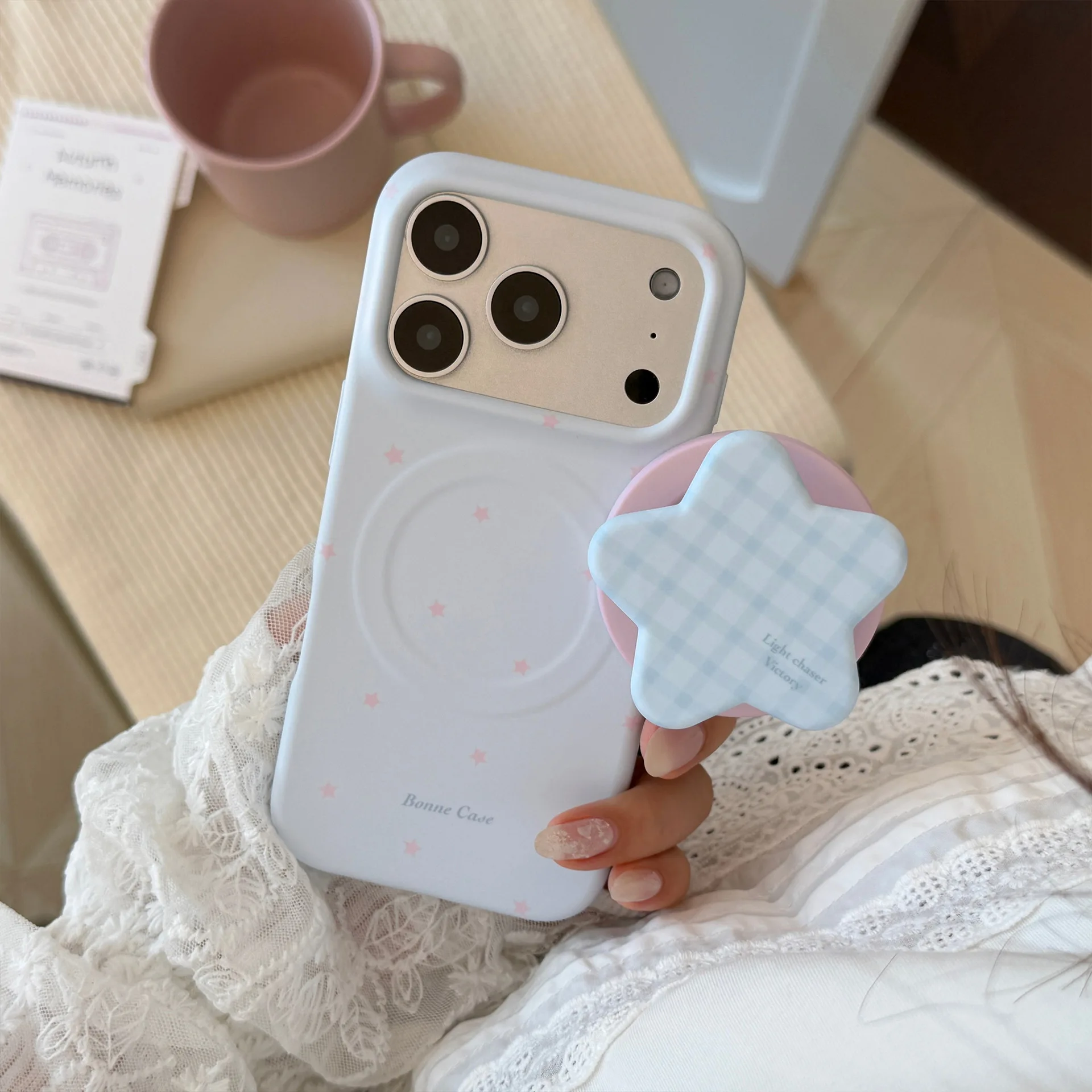 Korean Blue Grid Pattern Stars Magnetic Bracket Phone Case - Shockproof Protective Soft Cover