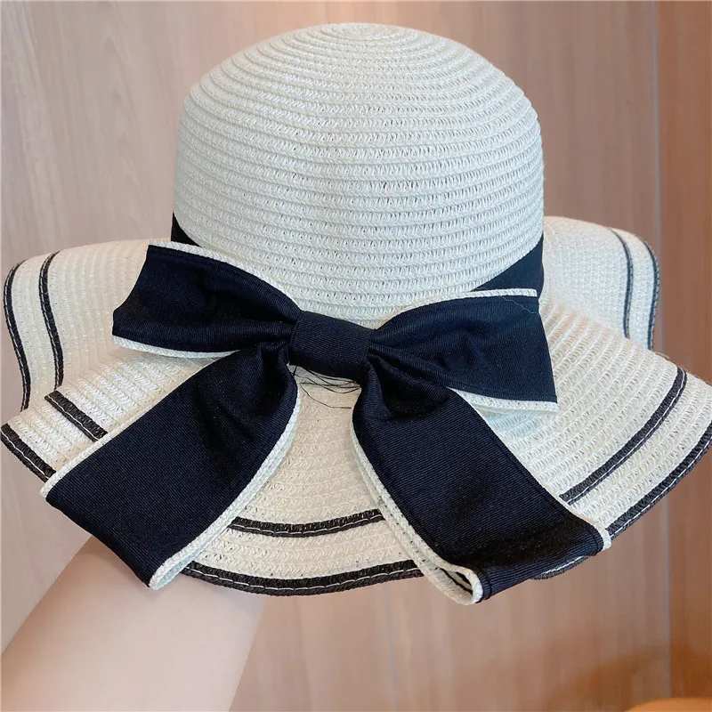 Breite Krempe Floppy Beach Bowknot Panama Lady Casual Sonnenhüte für Frauen Strohhut_voghion.com