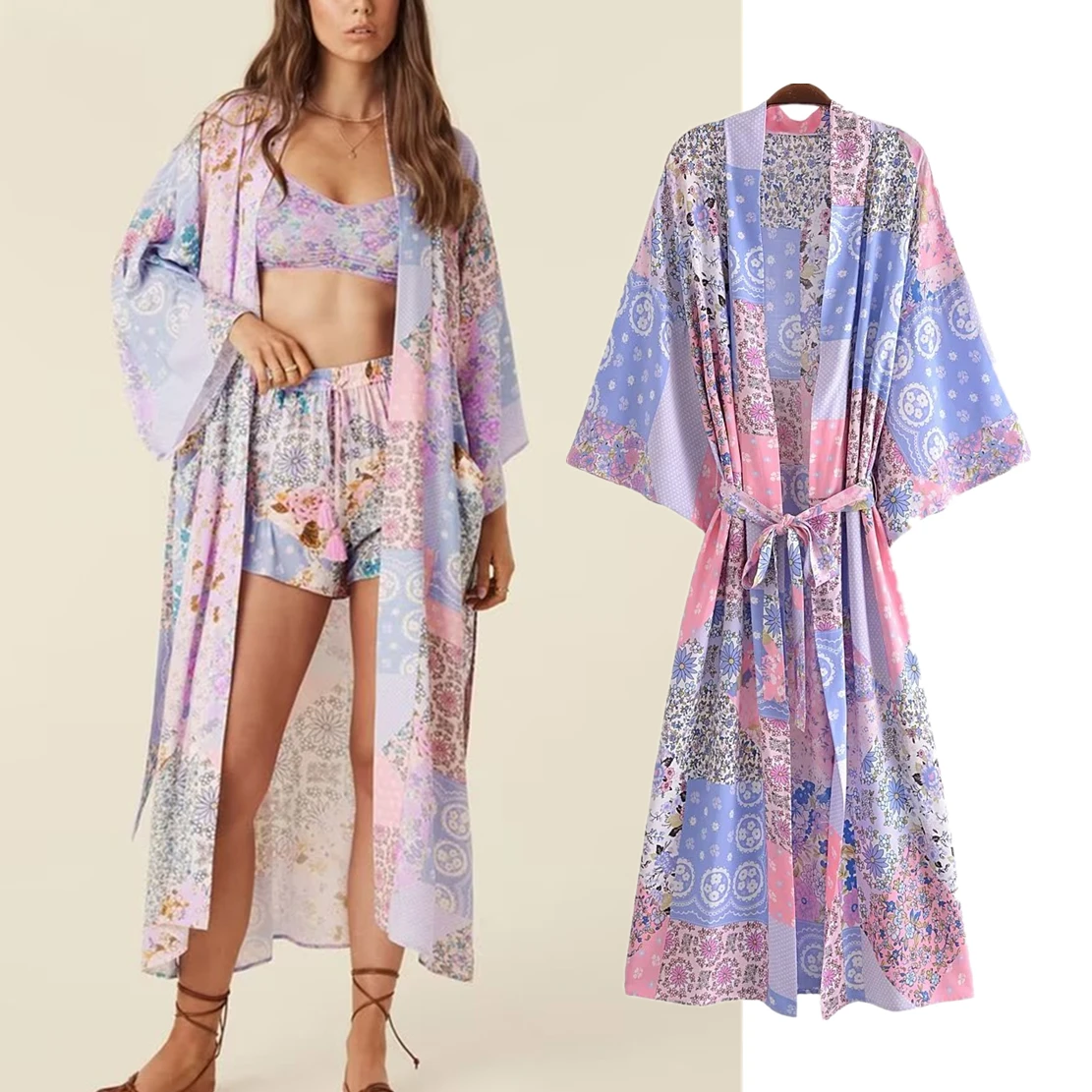 

Dave&Di Indie Contrast Folk PatchworkFloral Print Bohemian Sashes Trench Coat Women Kimono Cardigans Jacket