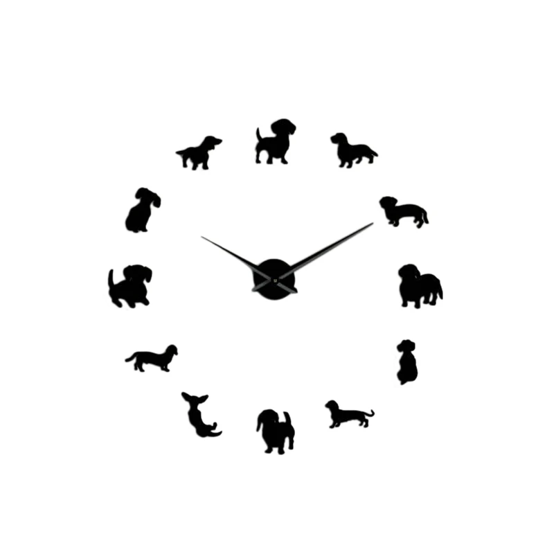 B62B-Diy Dachshund Wall Art Wiener-Dog Puppy Dog Pet Frameless Giant Wall Clock With Mirror Effect Sausage Dog Large Clock