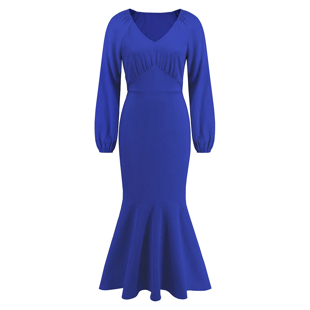 

Women's New V-neck Long-sleeved Fishtail Skirt Slim Waist Slim Fit Long Dress Large Size Women Clothing