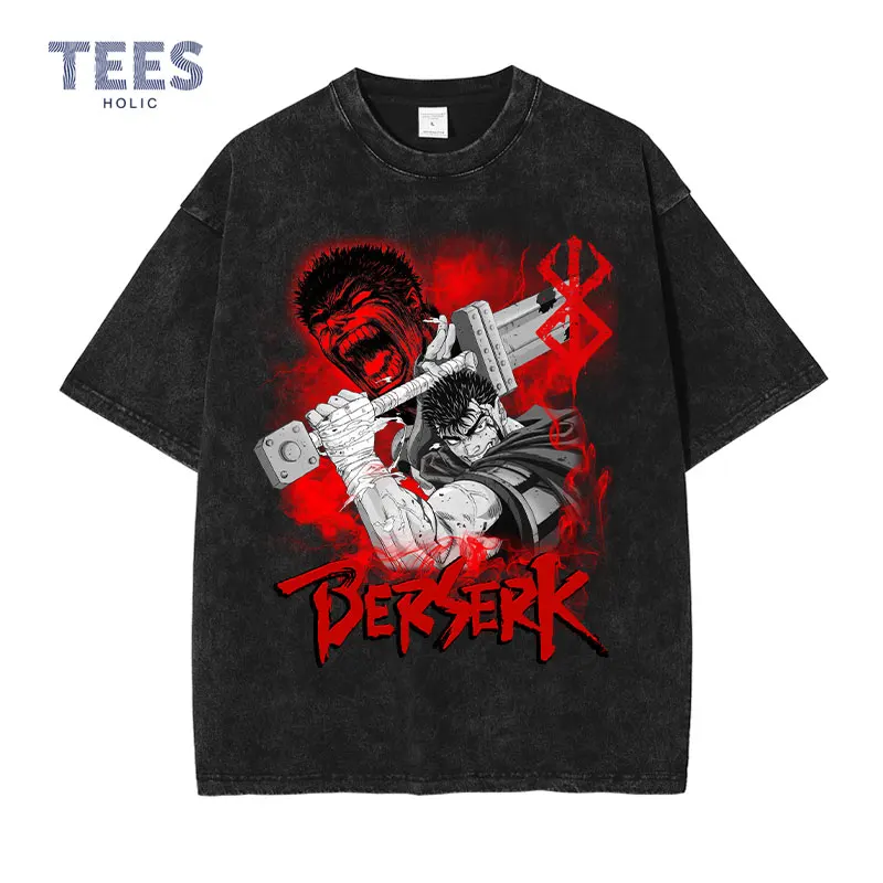 

Anime Berserk Мужская винтажная футболка с рисунком стиранных кистей, футболки, уличная одежда с коротким рукавом, футболки манга кенпуу денки, 100% хлопок