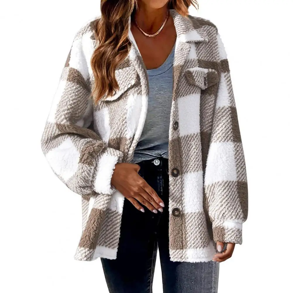 

Women Plaid Button Fleece Coats Autumn Winter Turn Down Collar Long Lantern Sleeve Loose Cardigan Cashmere Jacket