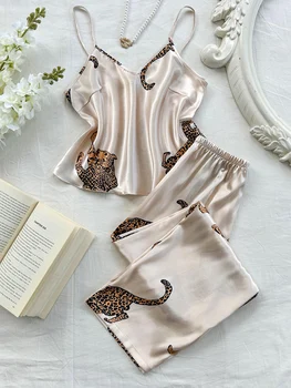 Comfortable Fashionable 2pcs V Neck Leopard Print Suspender Long Pants Pajama Set 1