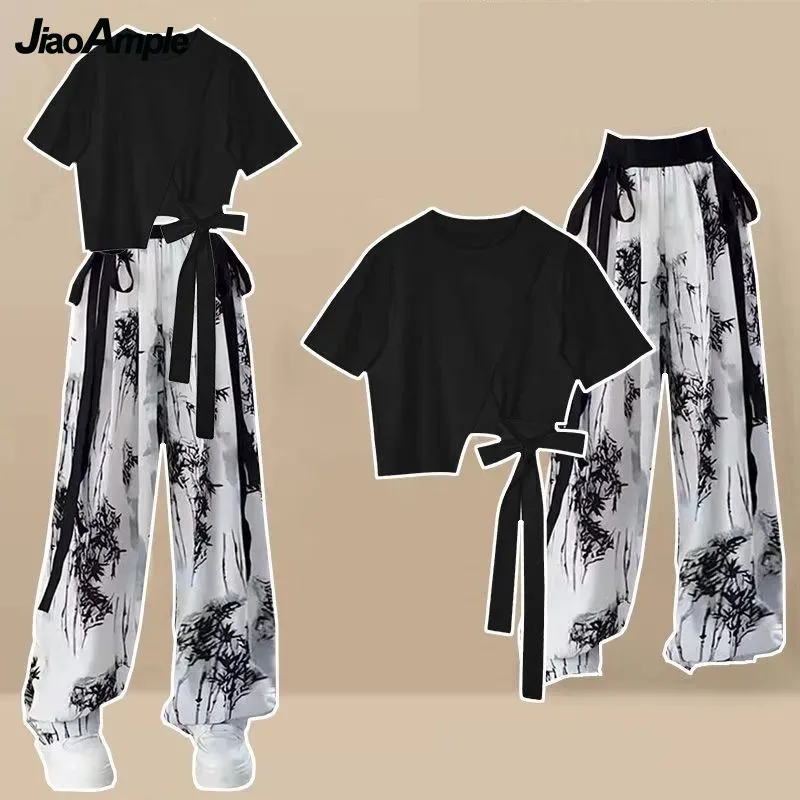 Women's 2024 Summer New Short Sleeve Matching Set Korean Loose Irregular T-shirt Top+Ice Silk Wide Leg Pants Two Piece Suit сексуальные дамы волнистые трусы one piece ice silk бесшовное нижнее белье женщины