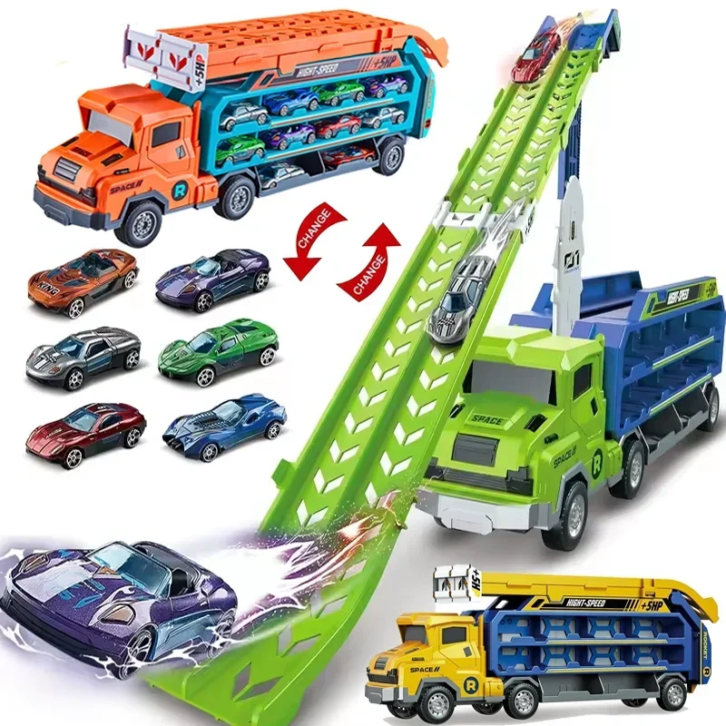 Deformation Big Truck Gliding Lifting Rail Toys for Kids Container Transporter Diecast Car Playset for Boys Children Gift