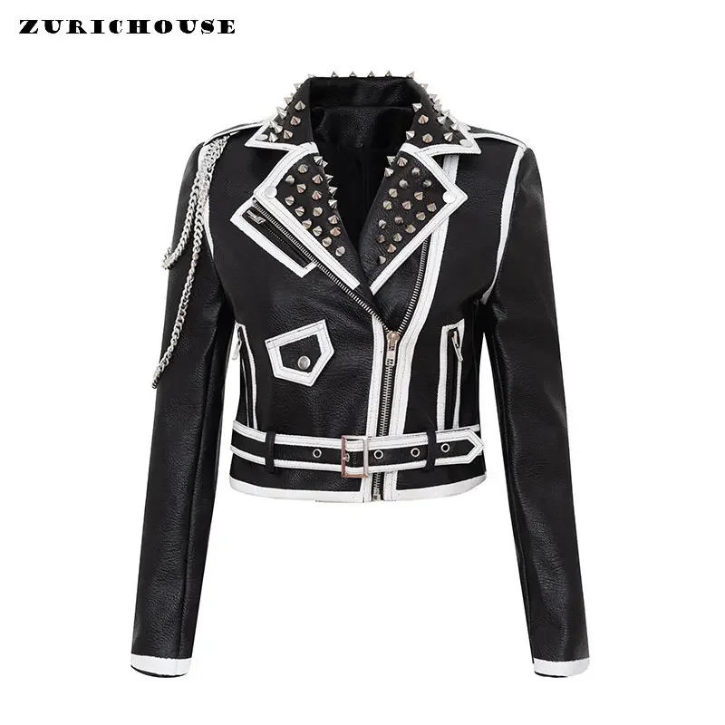 

Women Black Faux Leather Jacket Coat Turn-down Collar Moto & Biker Punk Rivet Chain Outerwear Streetwear Veste Femme