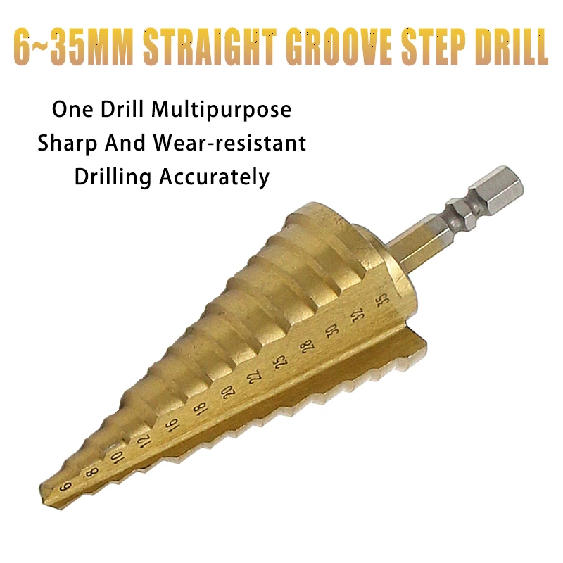 6-35mm HSS Titanium Coated Step Drill Bit Drilling Power Tools Metal  13 Step High Speed Steel Wood Hole Cutter Step Cone Drill 5 35mm metric hss for titanium coated step drill bit for wood metal hole drilling tool round shank dropship