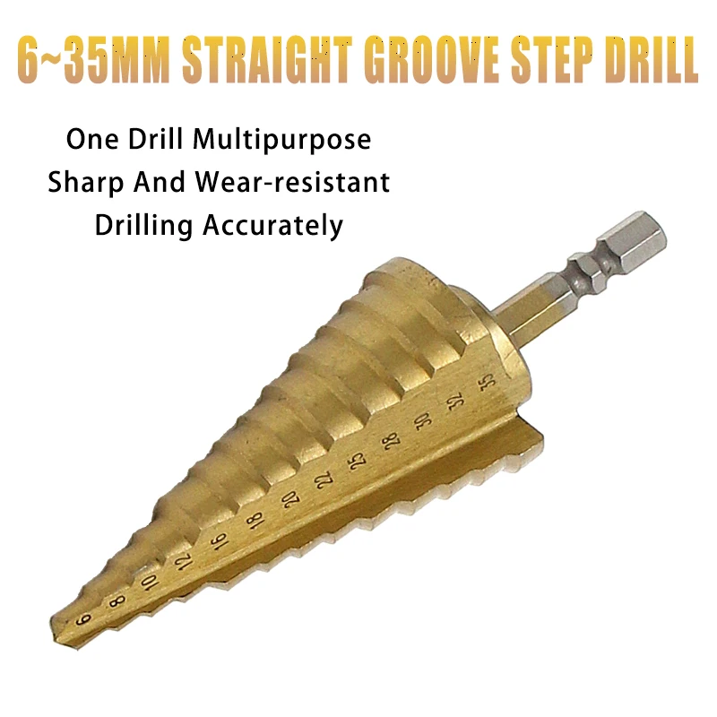 6-35mm HSS Titanium Coated Step Drill Bit Drilling Power Tools Metal  13 Step High Speed Steel Wood Hole Cutter Step Cone Drill 1pcs 4 32 4 42 mm hss titanium coated step drill bit drilling power toolsmetal high speed steel wood hole cutter step cone drill