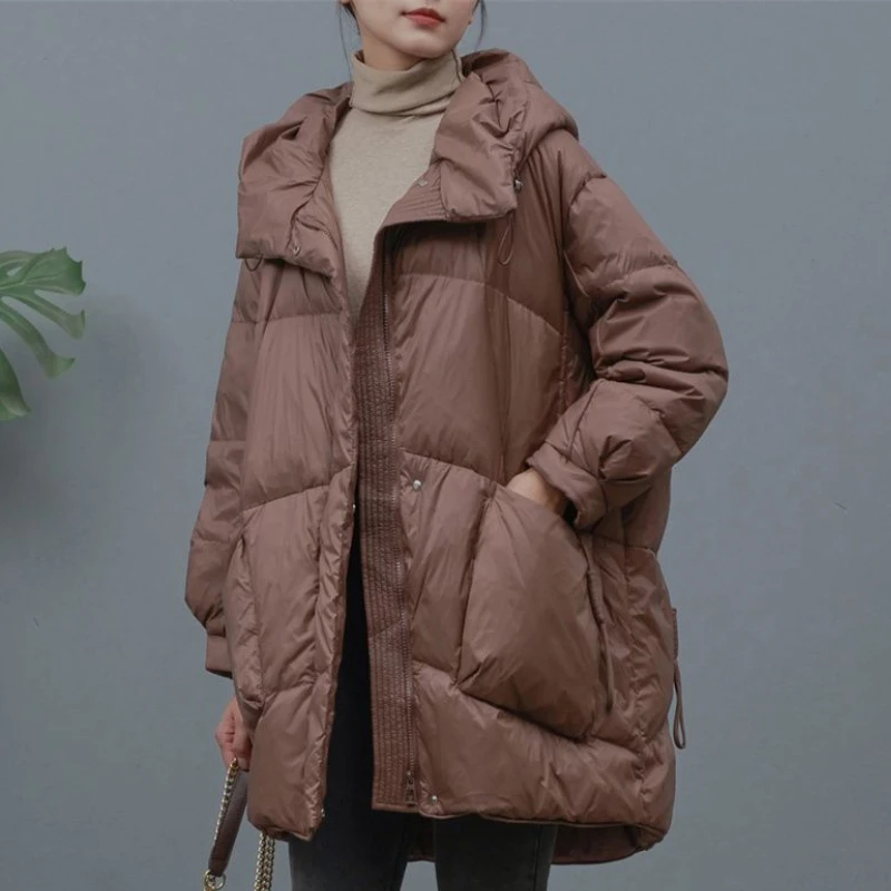 

Winter Women's Mid-length Fashion White Duck Down Coat Hooded Thicken Keep Warm Down Jacket Women Commute Black 2023 New