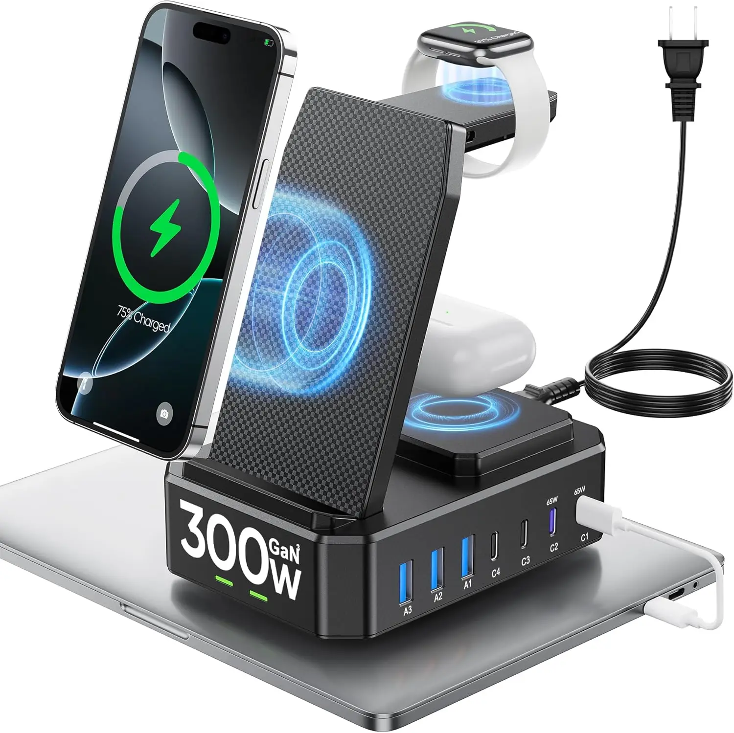 300W GaN III USB-C 65W PD Fast Charging Station, 10-in-1 Wireless Charger Dock for iPhone, MacBook, iWatch & Airpods