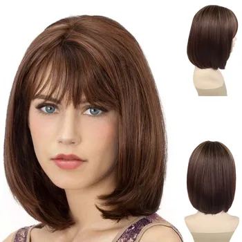 14 Inch The Bobs Wig with Bangs Synthetic Medium Length Wigs for Women Straight Hair Bob Wig Natural Looking High Temperature 1