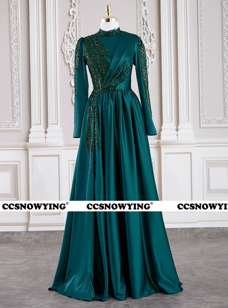 

Elegant Satin Appliques Muslim Evening Dresses Full Sleeve Hijab Islamic Women Formal Party Gown Arabic Kaftan Robes De Soirée