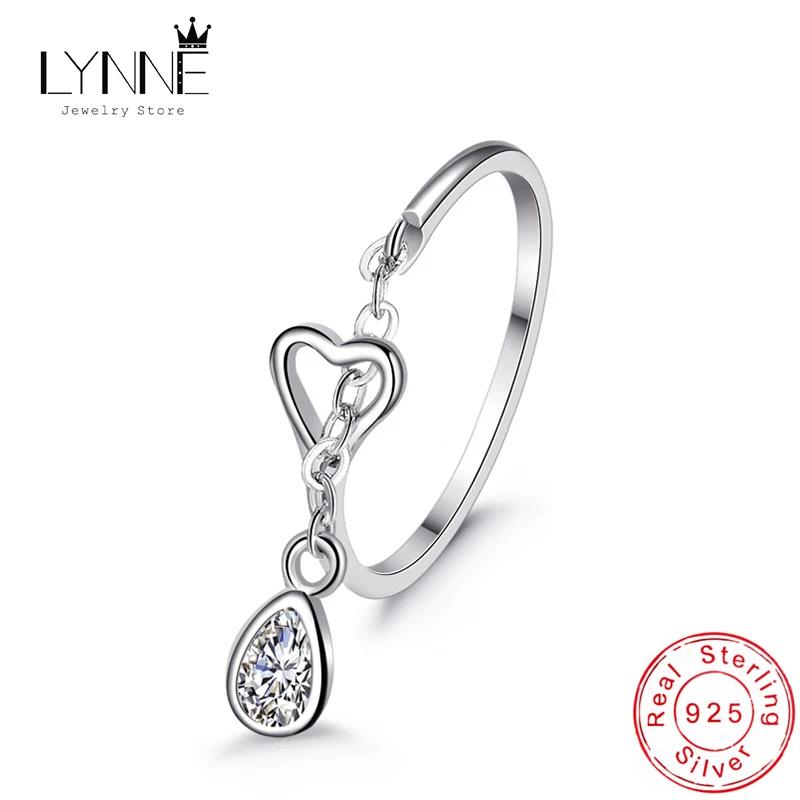 Hot Sale Fashion AAA Zircon Waterdrop Pendant Chain Rings 925 Sterling Silver Adjustable Heart Ring For Women&Girl Jewelry Gift