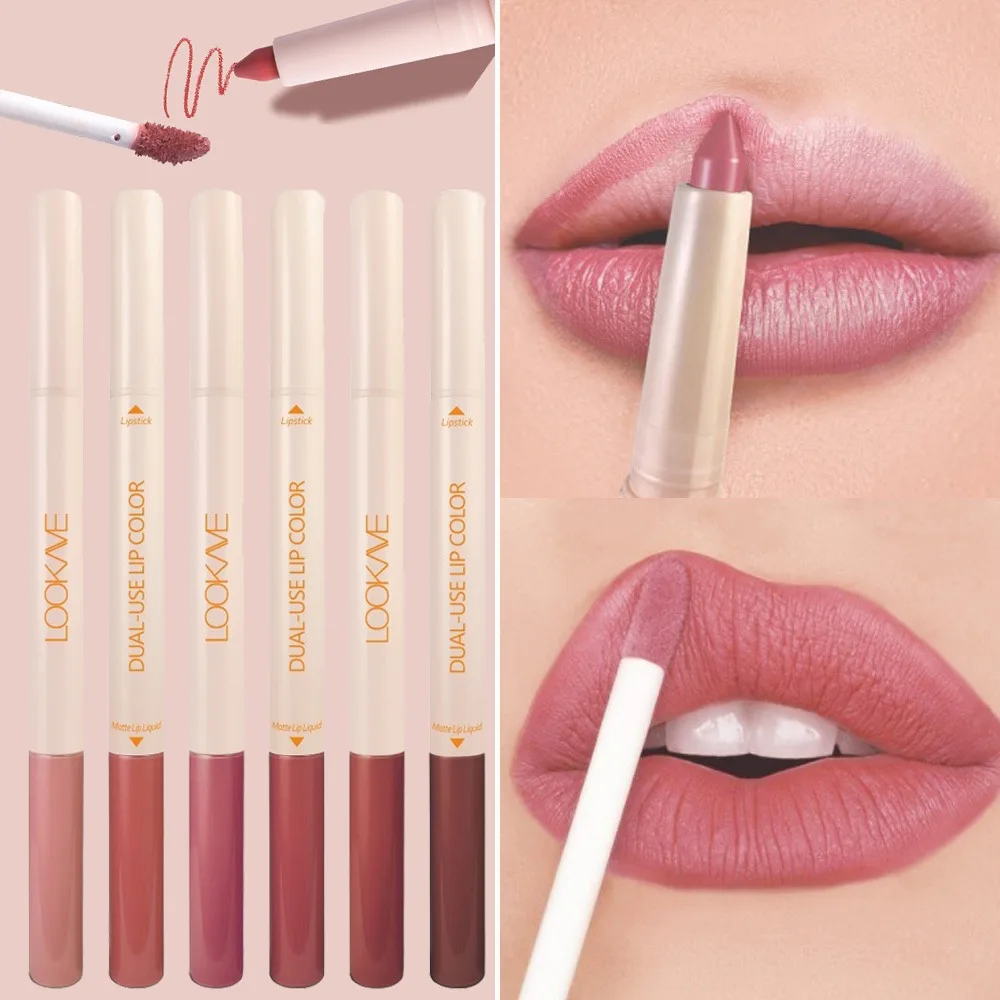Matte 6-colors Double-headed Lip Liner Pen Lip Gloss 2 In 1 Lipstick Long Lasting Natural Nude Brown Lips Contour Pencil Makeup_voghion.com
