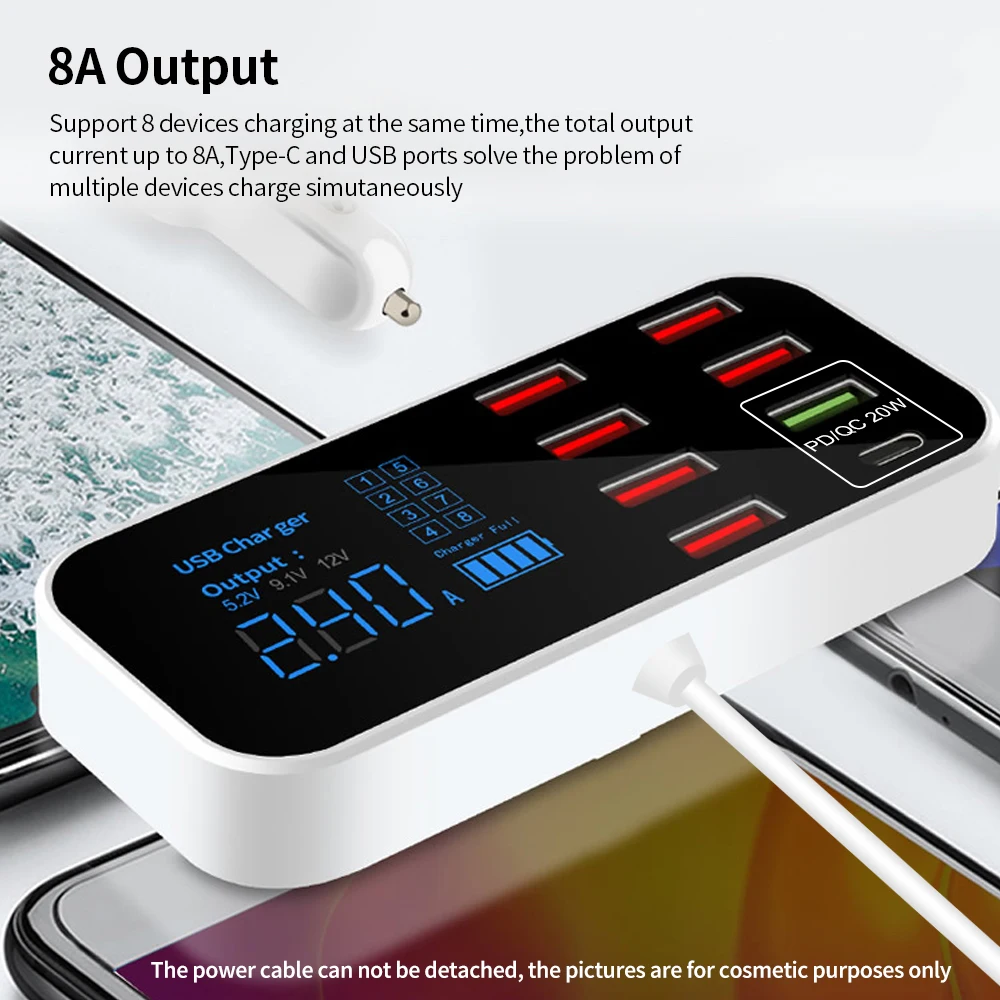 A9S+ 8 Port Car Charger with LED Display Type-C QC3.0 Quick Charging Intelligent Portable Safe Vehicle Charger Station