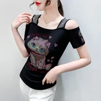 New European Clothes Ladies T-Shirt Fashion Sexy Off Shoulder Shiny Cartoon Mesh Diamond Tops Summer Short Sleeve Women Tees - Image 6
