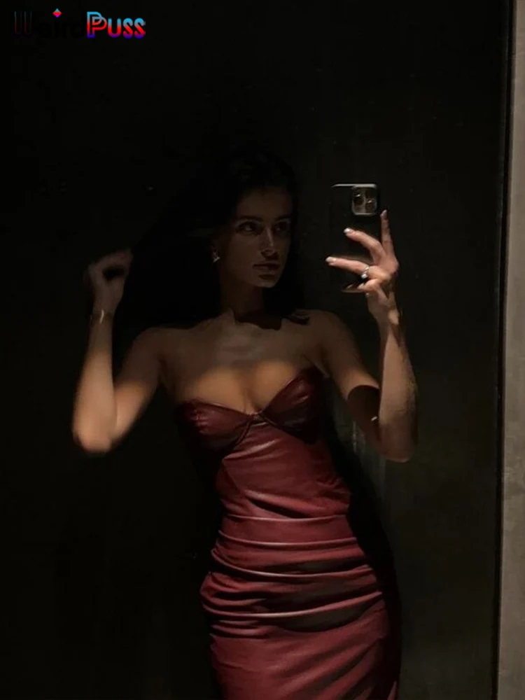Weird Puss Faux Leather Dress Women Chest Wrap Cleavage Skinny Sleeveless Sexy Backless Midnight Party Clubwear Mini Bodycon 6