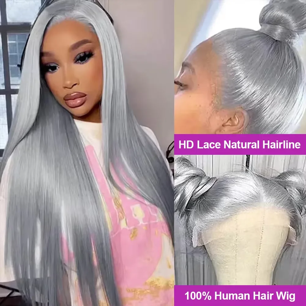 13x6 Straight Grey Lace Front Wig Human Hair Pre Plucked Remy Brazilian Silver Gray Lace Frontal Wig Body Wave Human Hair Wigs