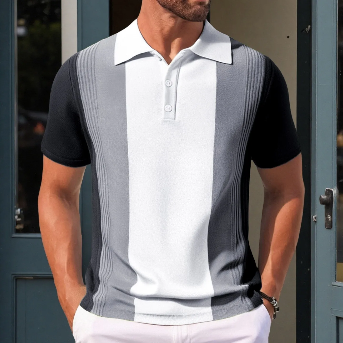Men's summer business knit short sleeve polo shirts streetwear button-down breathable striped fashion light luxury retro shirts polo shirt