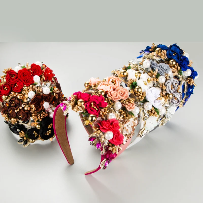 

Retro New Embroidered Fabric Flower Headband Women Baroque Luxury White Beaded Hair Band Bridal Party Beautiful Headdress